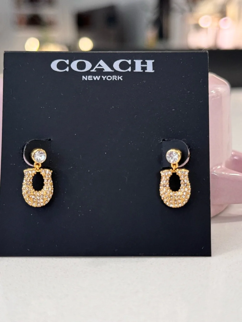 Coach Signature Pave tiny earrings 18K gold plated brass NWOT - Picture 2 of 7